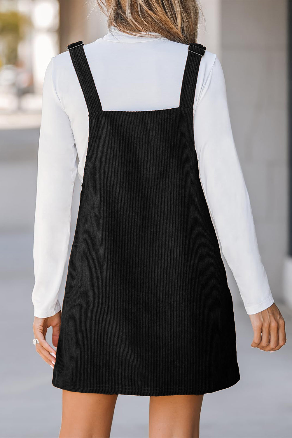 Black Plain Corduroy Pockets Overall Dress