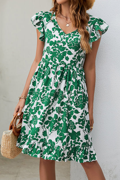 Green Leaf Print V Neck Fly Sleeve Midi Dress