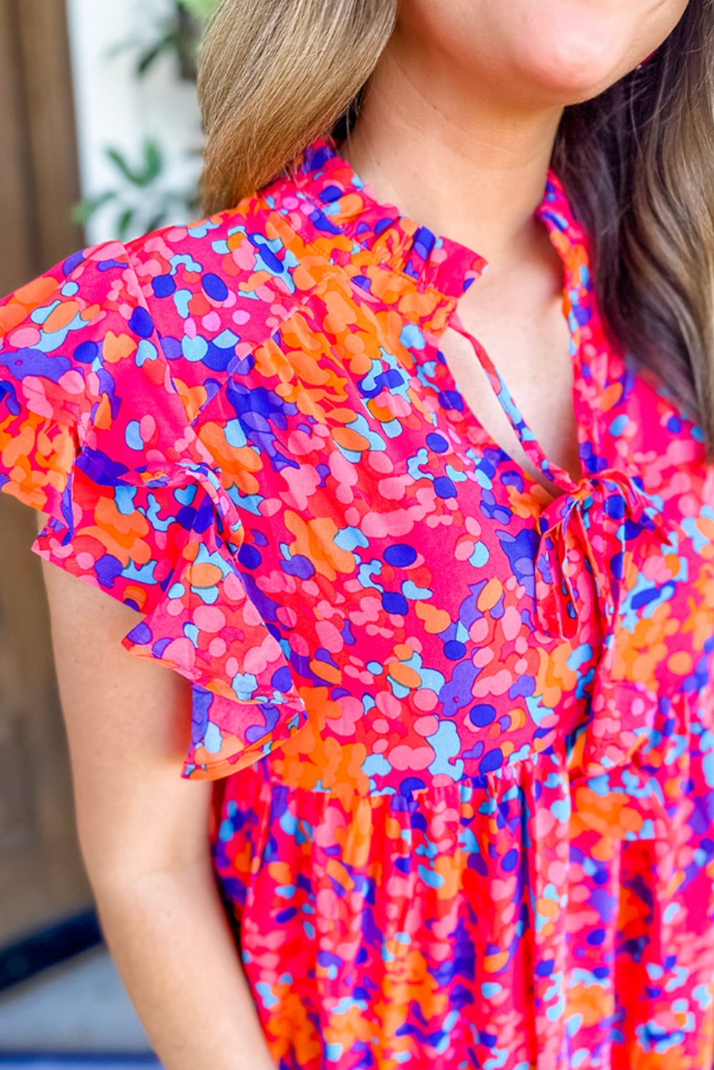 Multicolour Boho Abstract Print Ruffle Shoulder Tiered Midi Dress