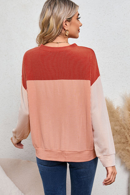 Khaki Color Block Ribbed Loose Long Sleeve Top