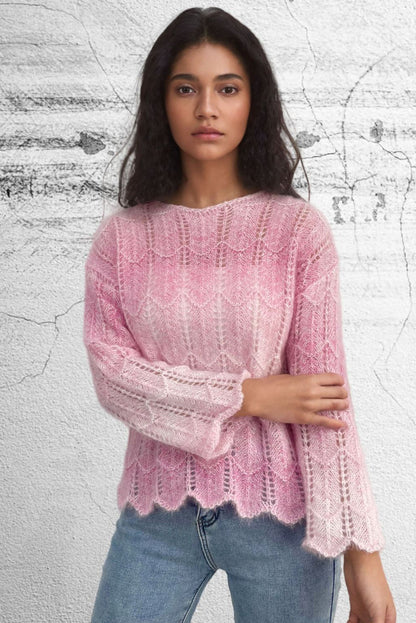 Pink Gradient Scallop Hem Lightweight Sweater