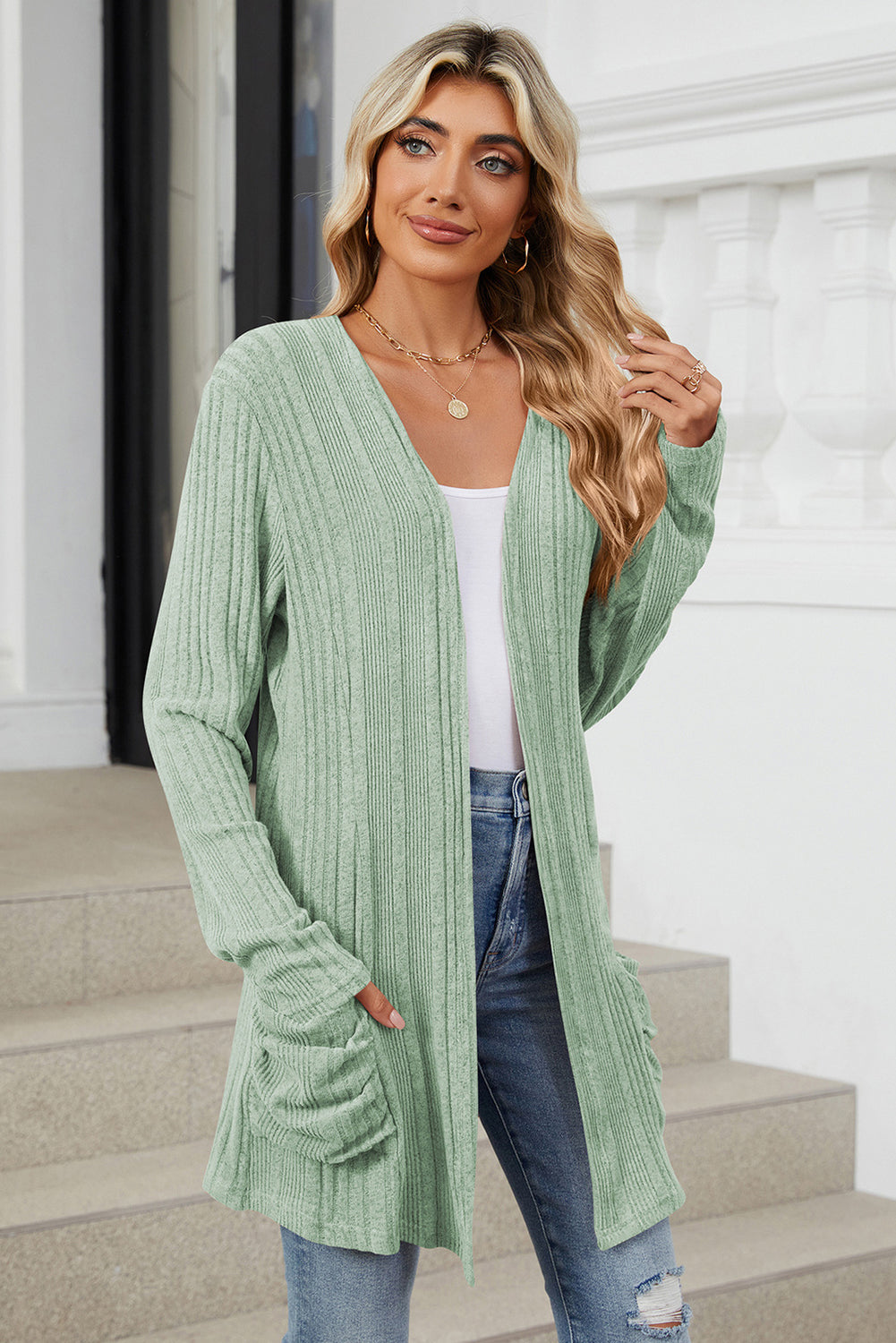 Smoke Green Knit Pocket Open Front Cardigan