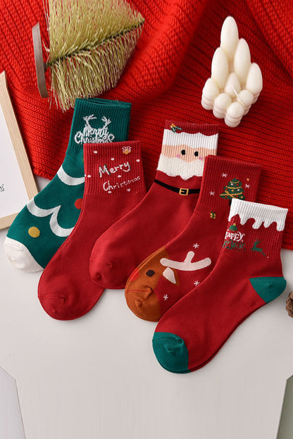 Red 5Pcs Merry Christmas Cartoon Print Socks