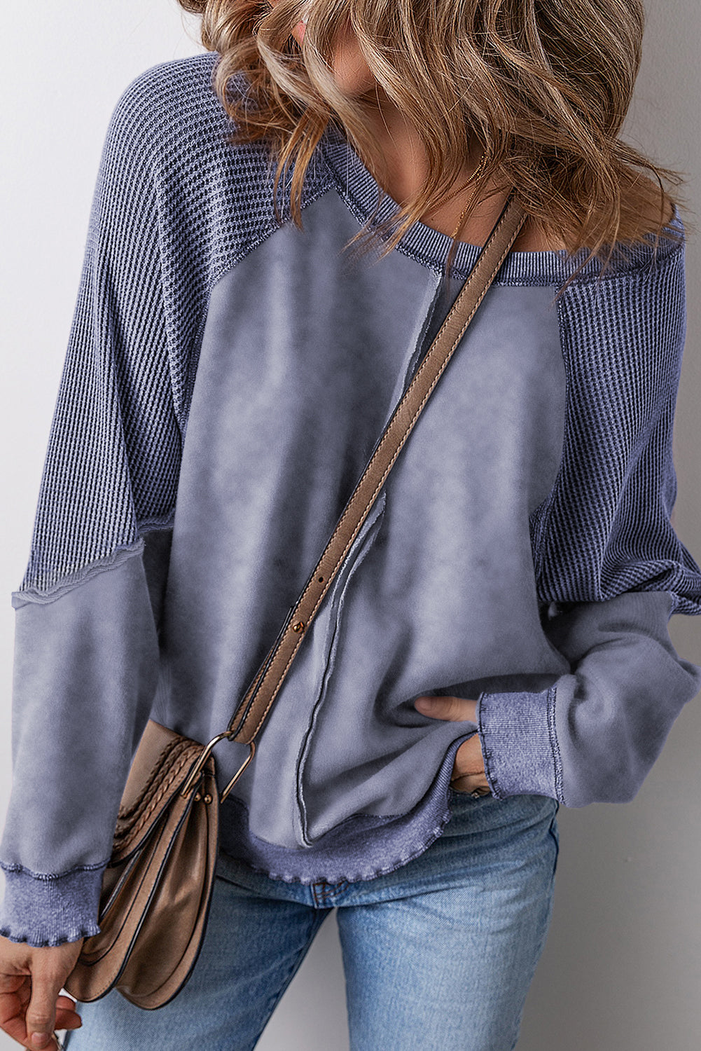 Mineral Blue Waffle Patchwork Raglan Sleeve Exposed Seam Sweatshirt