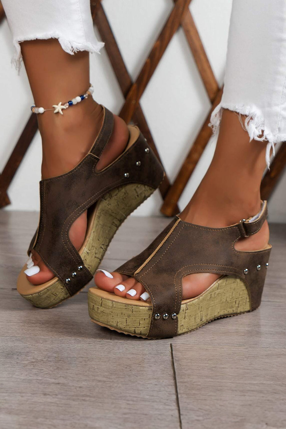 Chestnut Suede Patched Studded Cut Out Wedge Sandals