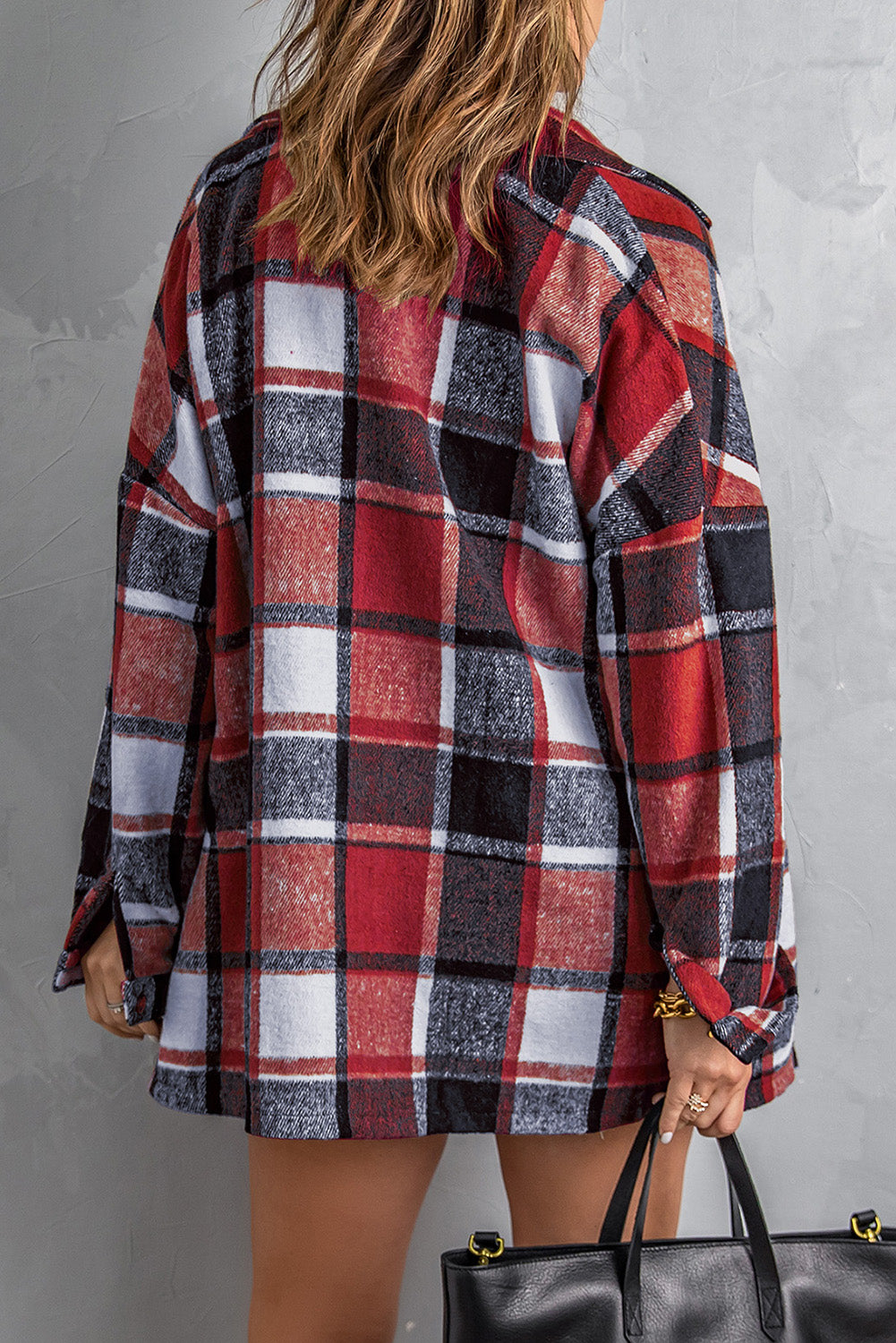 Red and Grey Button Up Flannel Plaid Shacket