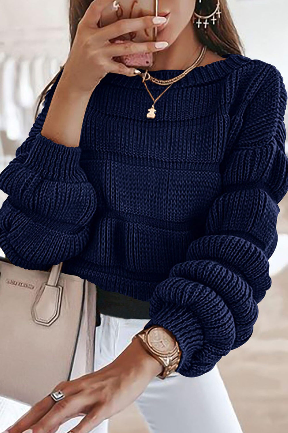 Rose Tan Plain Chunky Knit Long Puff Sleeve Sweater