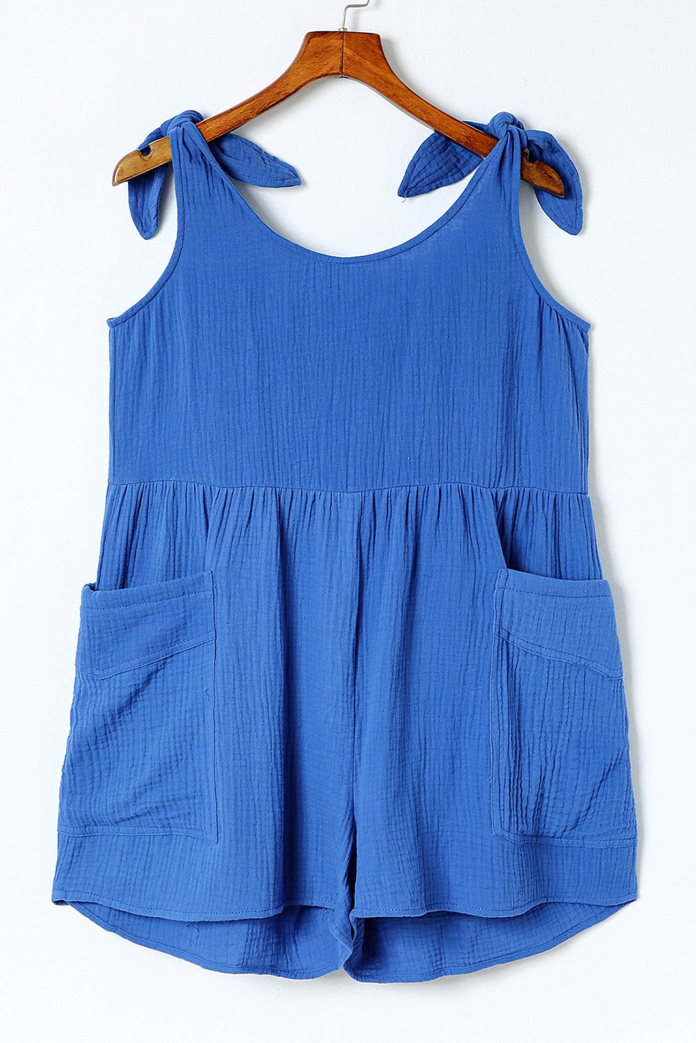 Blue Textured Knotted Straps High Waist Wide Leg Romper