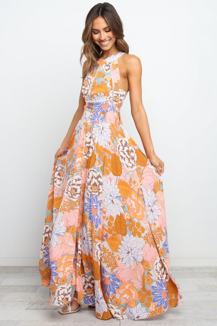 Orange Boho Floral Print Backless Lace-