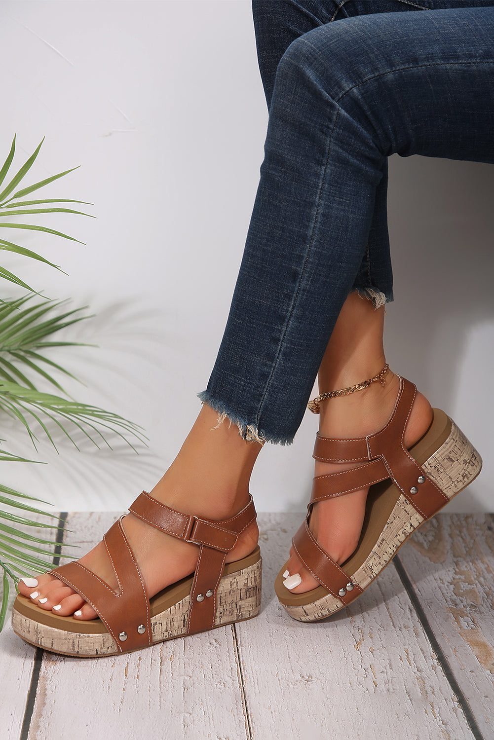 Velcro Leather Wedge Sandals
