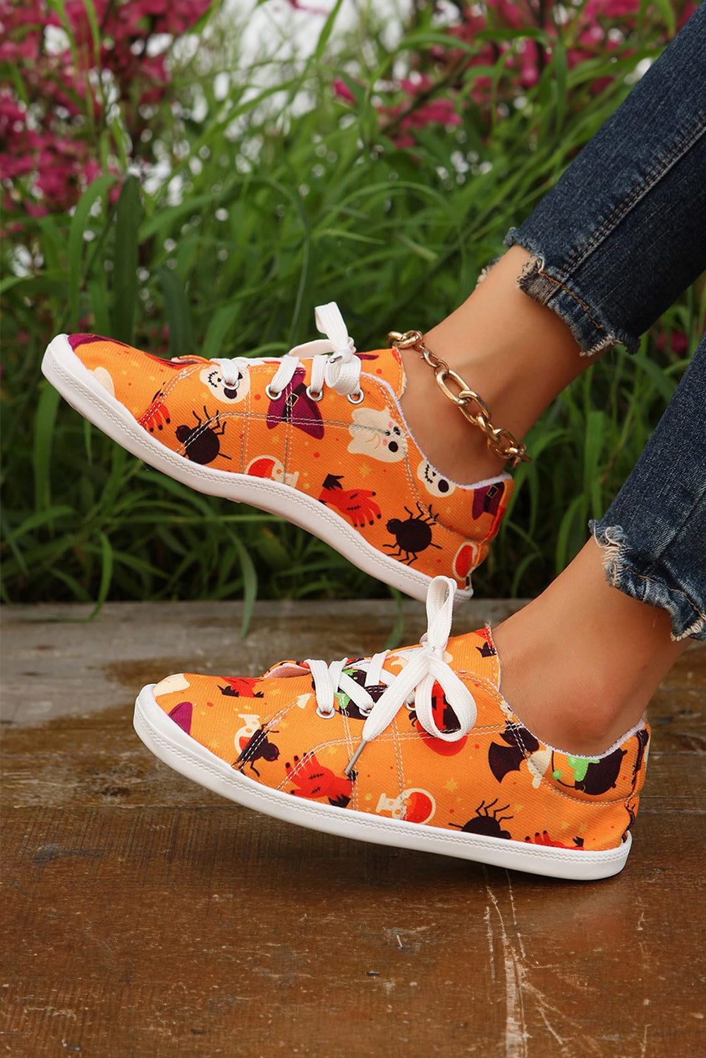 Orange Halloween Pumpkin Spider Ghost Print Sneakers