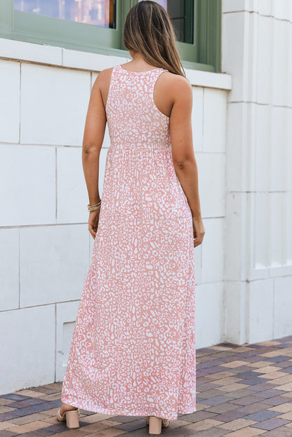 Pink Sleeveless Floor Length Leopard Print Dress