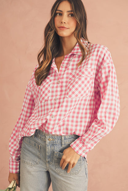 Pink Gingham Print Chest Pockets Buttoned Shirt