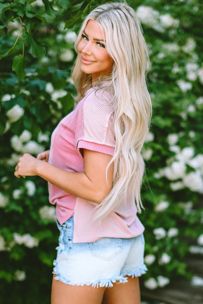 Apricot Pink Colorblock Ribbed Round Neck T Shirt