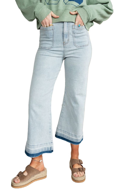 Beau Blue Acid Washed Contrast Hem Pocketed Cropped Jeans