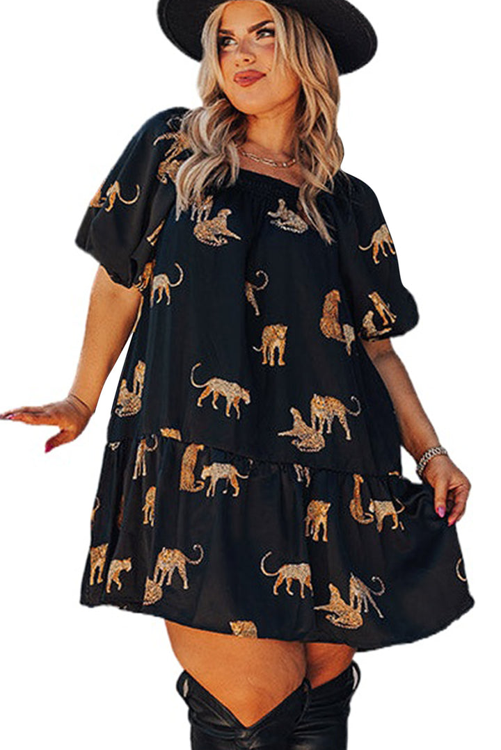 Black Plus Size Cheetah Print Puff Sleeve Ruffle Mini Dress