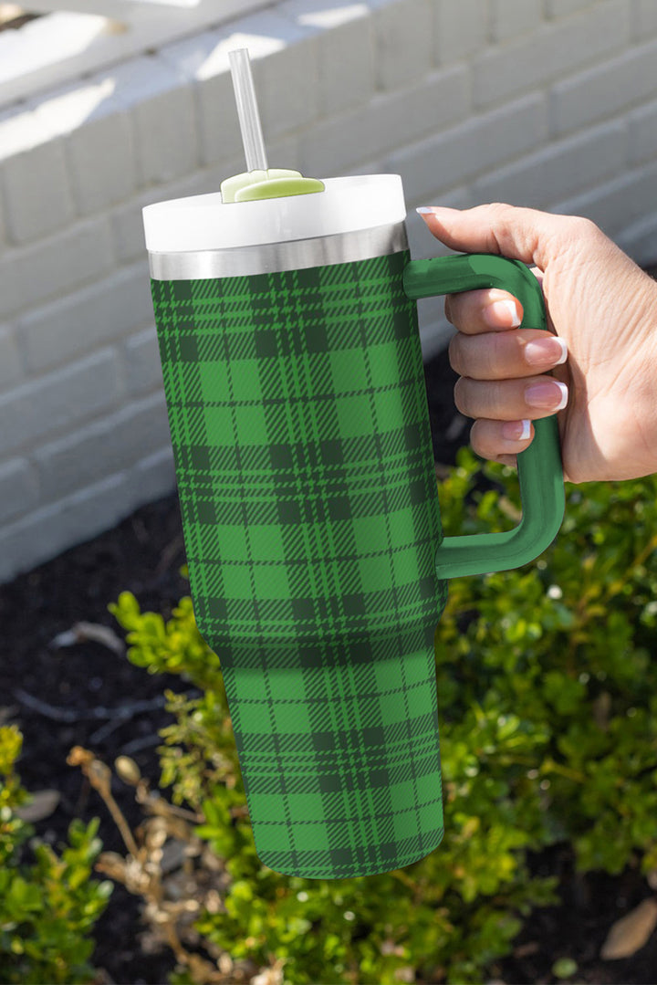 Dark Green Plaid Print Stainless Tumbler with Lid