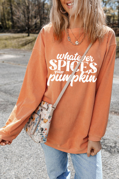 Orange Crinkle Rib Whatever Spices Your Pumpkin Graphic Sweatshirt