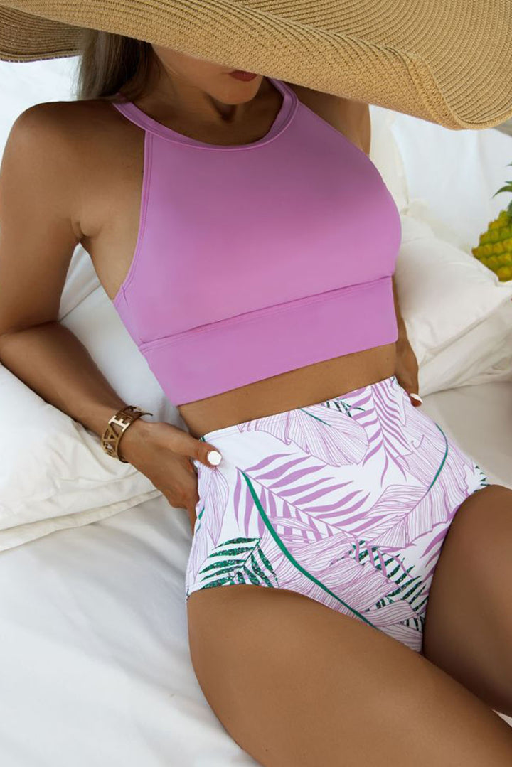 Tropical Print Back Split Color Block High Waisted Swimsuit
