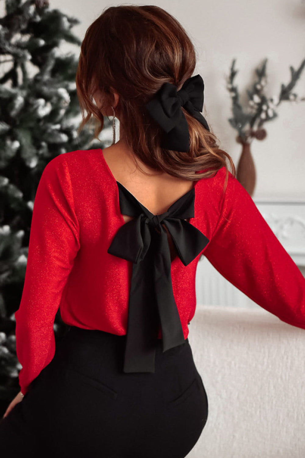 Racing Red Sweet Bowknot Backless V Neck Long Sleeve Top