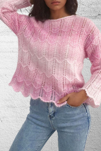 Pink Gradient Scallop Hem Lightweight Sweater