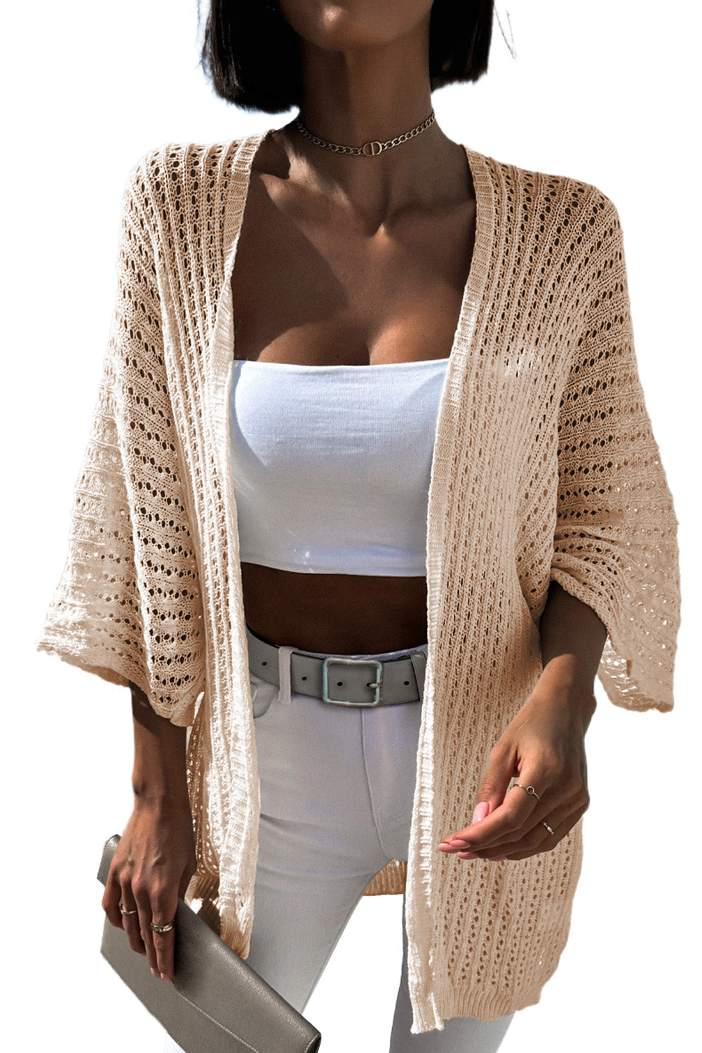 Khaki Hollow-out Bracelet Sleeve Knit Cardigan