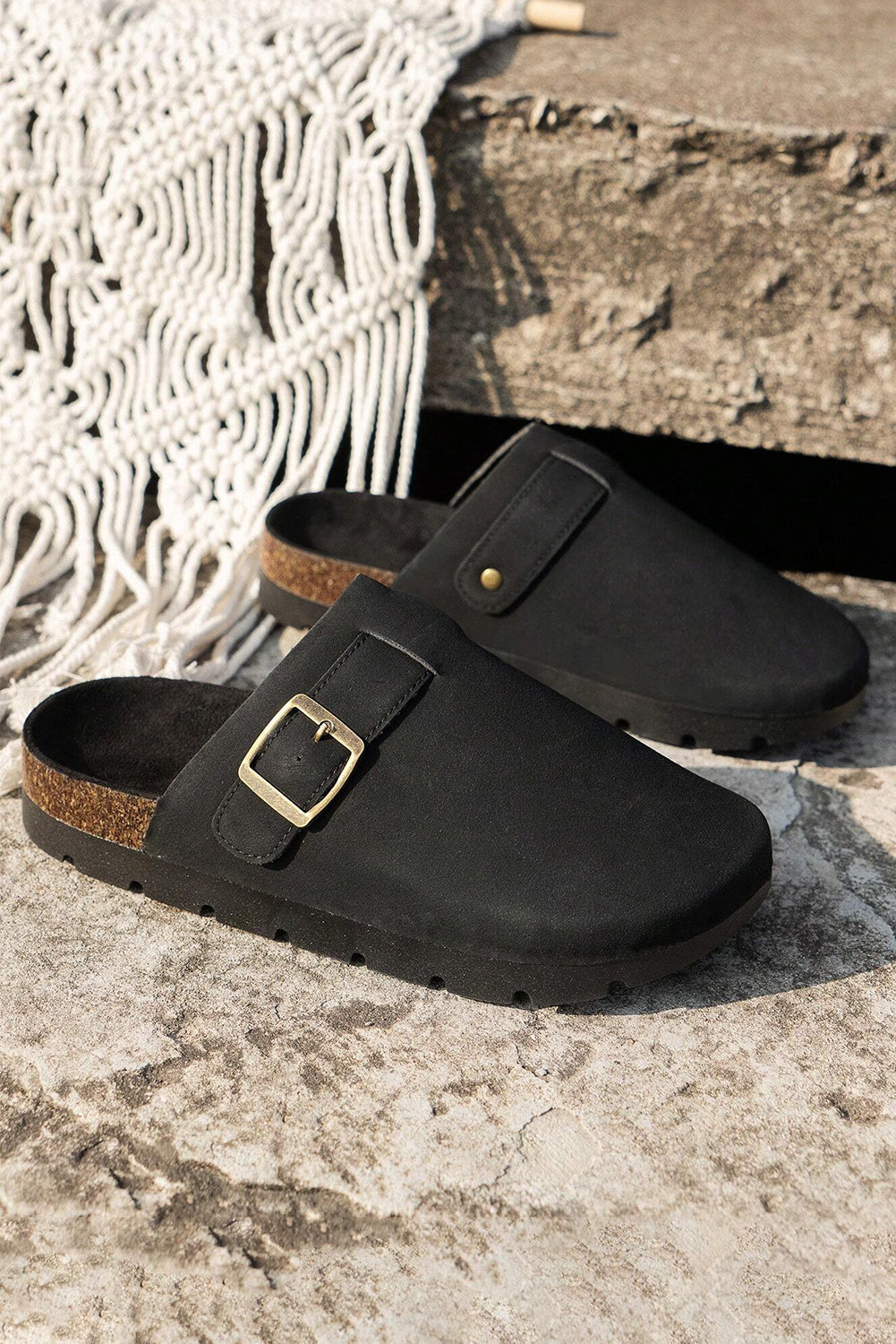 Black Buckle Decor Corky Platform Slides Shoes