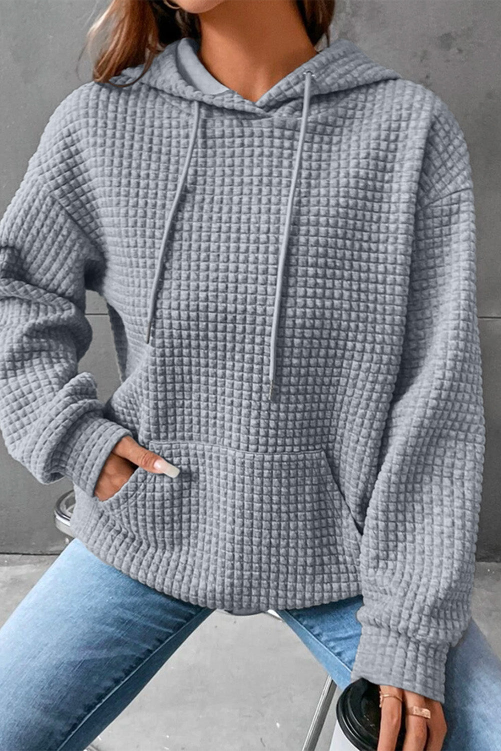 Khaki Lattice Textured Kangaroo Pocket Drawstring Hoodie