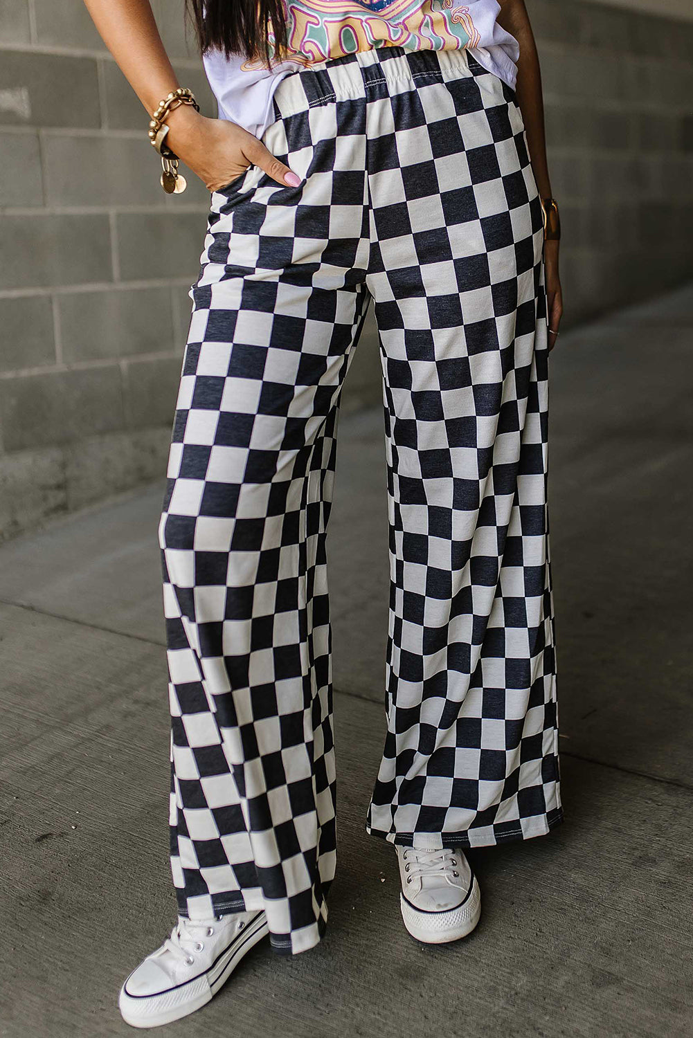 Green Checkered Print High Waist Wide Leg Pants