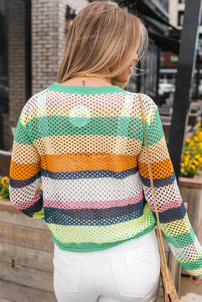 Green Colorblock Striped Hollow Knitted Top