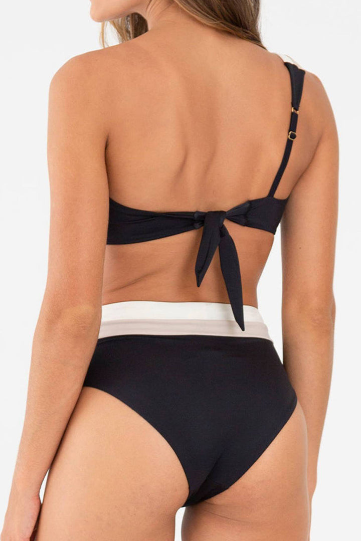 Black Triple Tones Colorblock One Shoulder High Waist Bikini