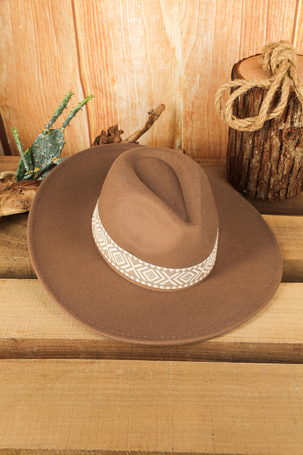 Brown Western Patchwork Flat Brim Cowboy Woven Hat