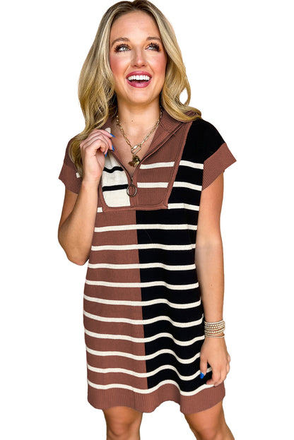 Black Stripe Color Block Short Sleeve Quarter Zip Mini Dress