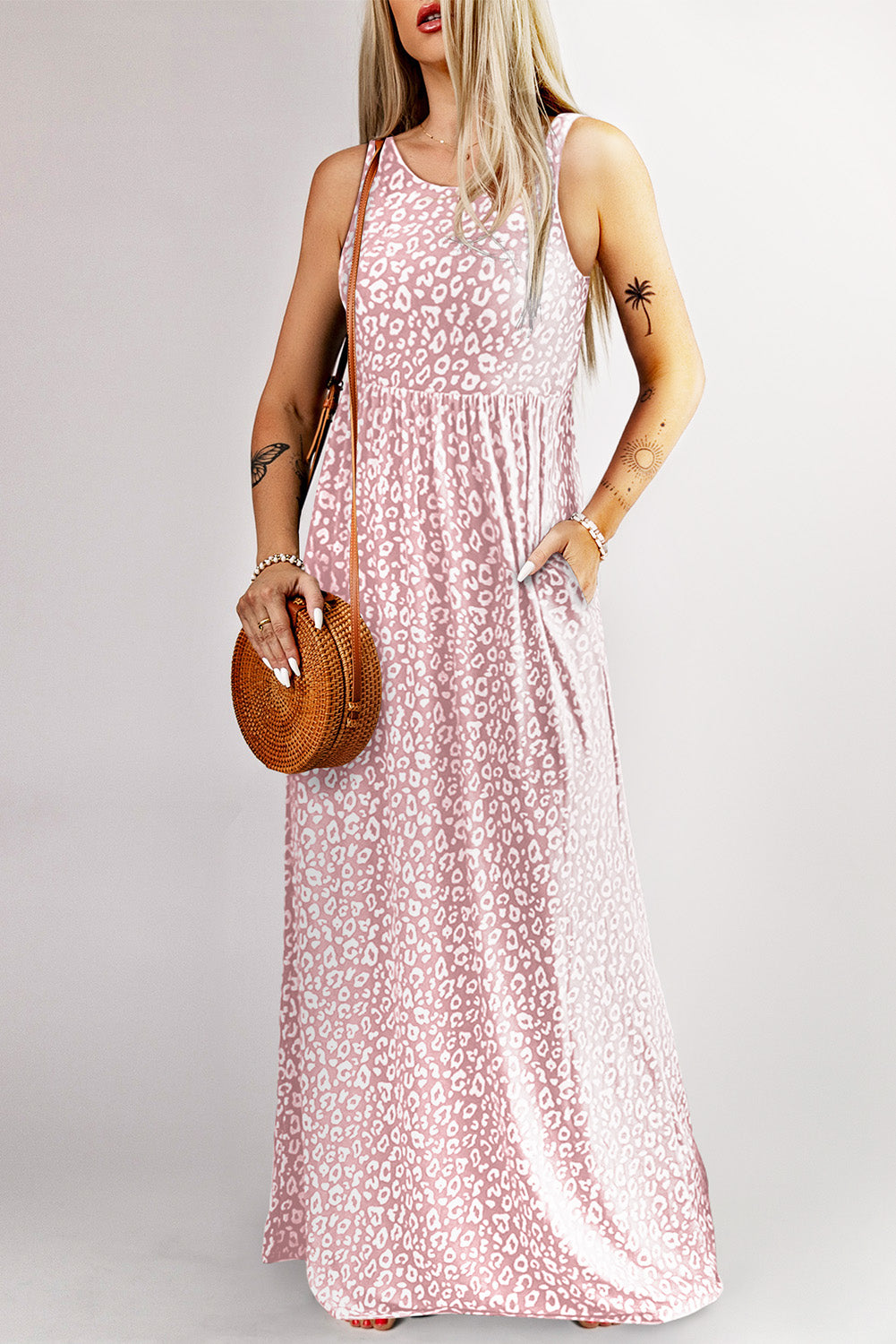 Pink Sleeveless Floor Length Leopard Print Dress