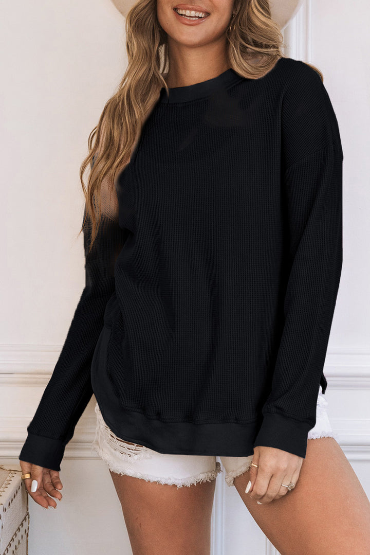 Apricot Crew Neck Ribbed Trim Waffle Knit Long Sleeve Top