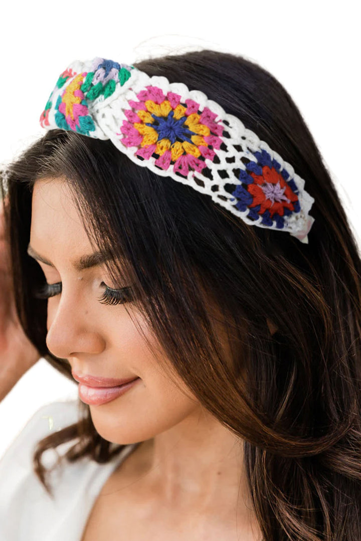White Floral Knitted Bohemian Wide Headband