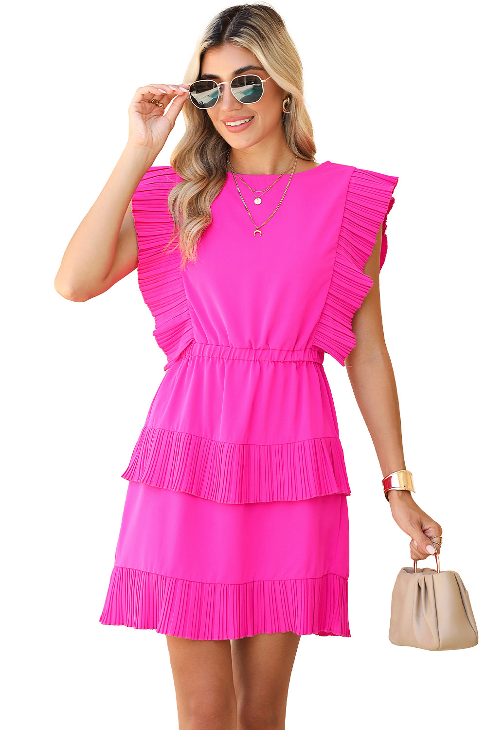 Bright Pink Pleated Layered Ruffle Sleeveless Mini Dress