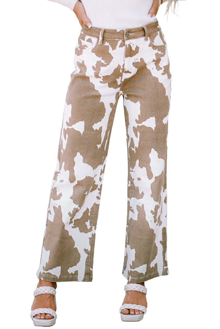 Khaki Casual Animal Printed Pocketed Jeans
