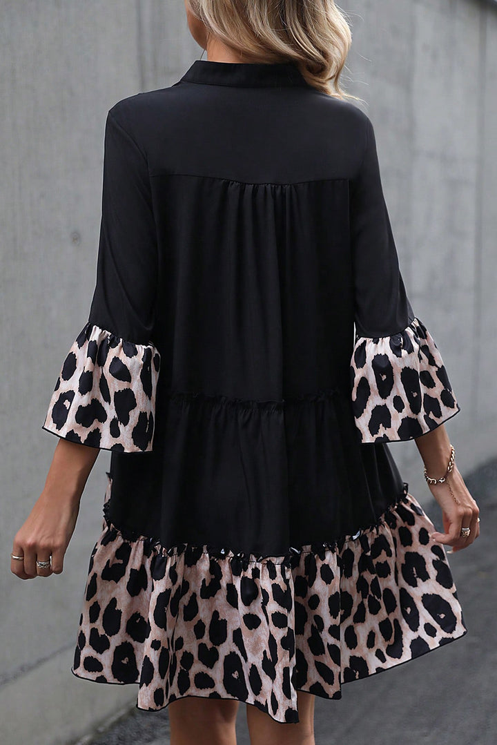 Black Leopard Patchwork Split Neck Ruffle Plus Size Dress