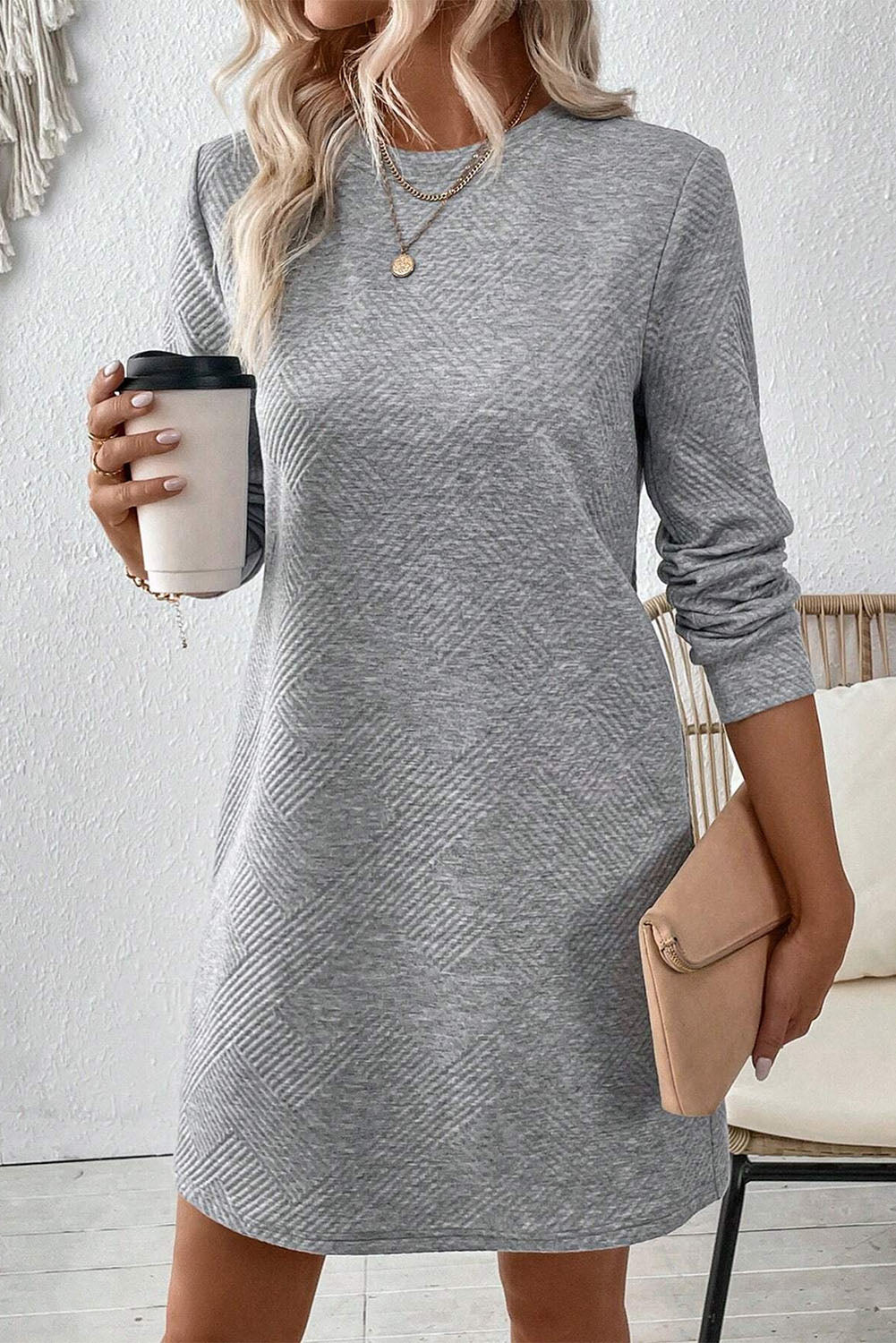 Apricot Plain Textured Long Sleeve Shift Short Dress