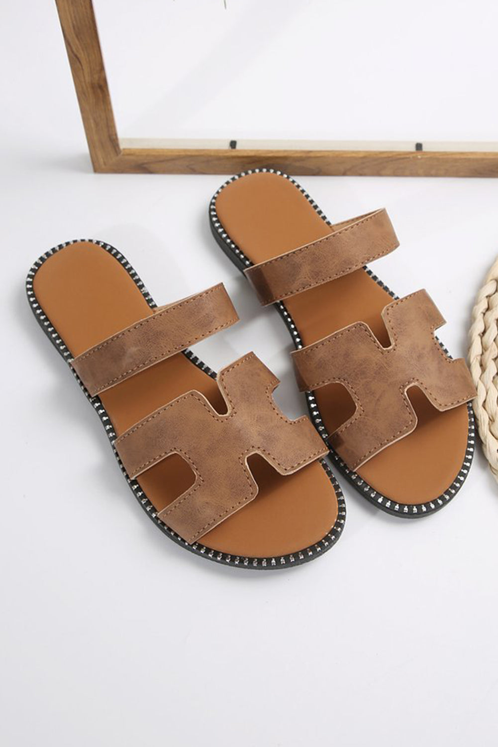 Brown Leather H Band Flat Slippers