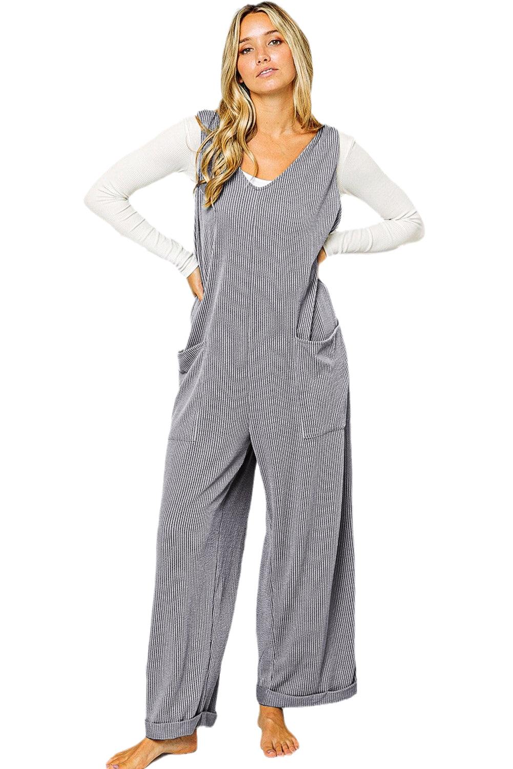 Dark Grey Green Pockets Oversized Ribbed Wide Leg Jumpsuit