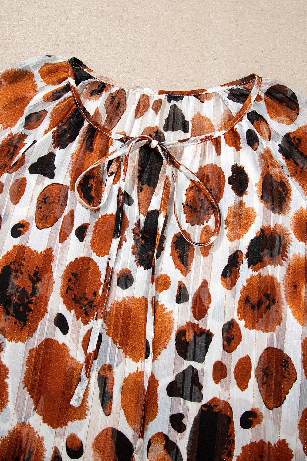 Brown Abstract Print Ruffle 3/4 Sleeve Tie Neck Blouse