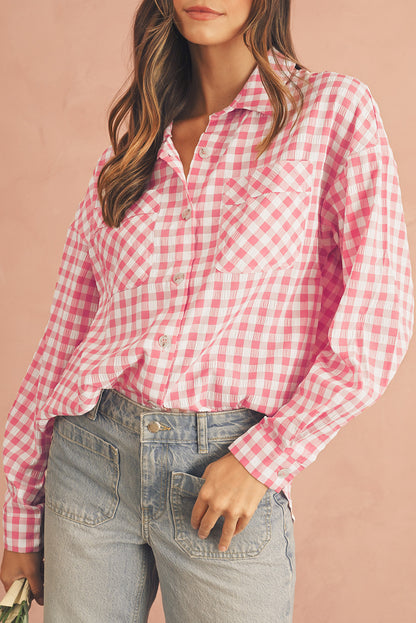 Pink Gingham Print Chest Pockets Buttoned Shirt