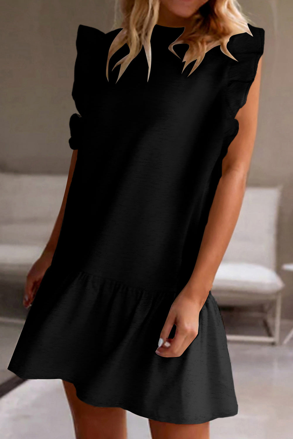 Black Solid Color Ruffle Hem Mini Dress