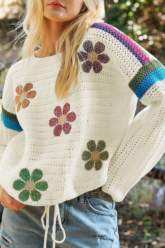 White Striped Shoulder 60s Floral Pointelle Knit Sweater