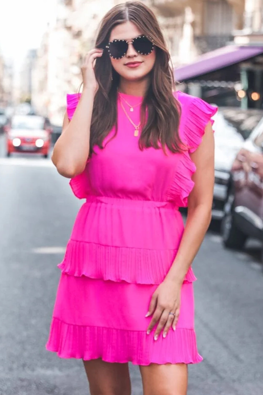 Bright Pink Pleated Layered Ruffle Sleeveless Mini Dress