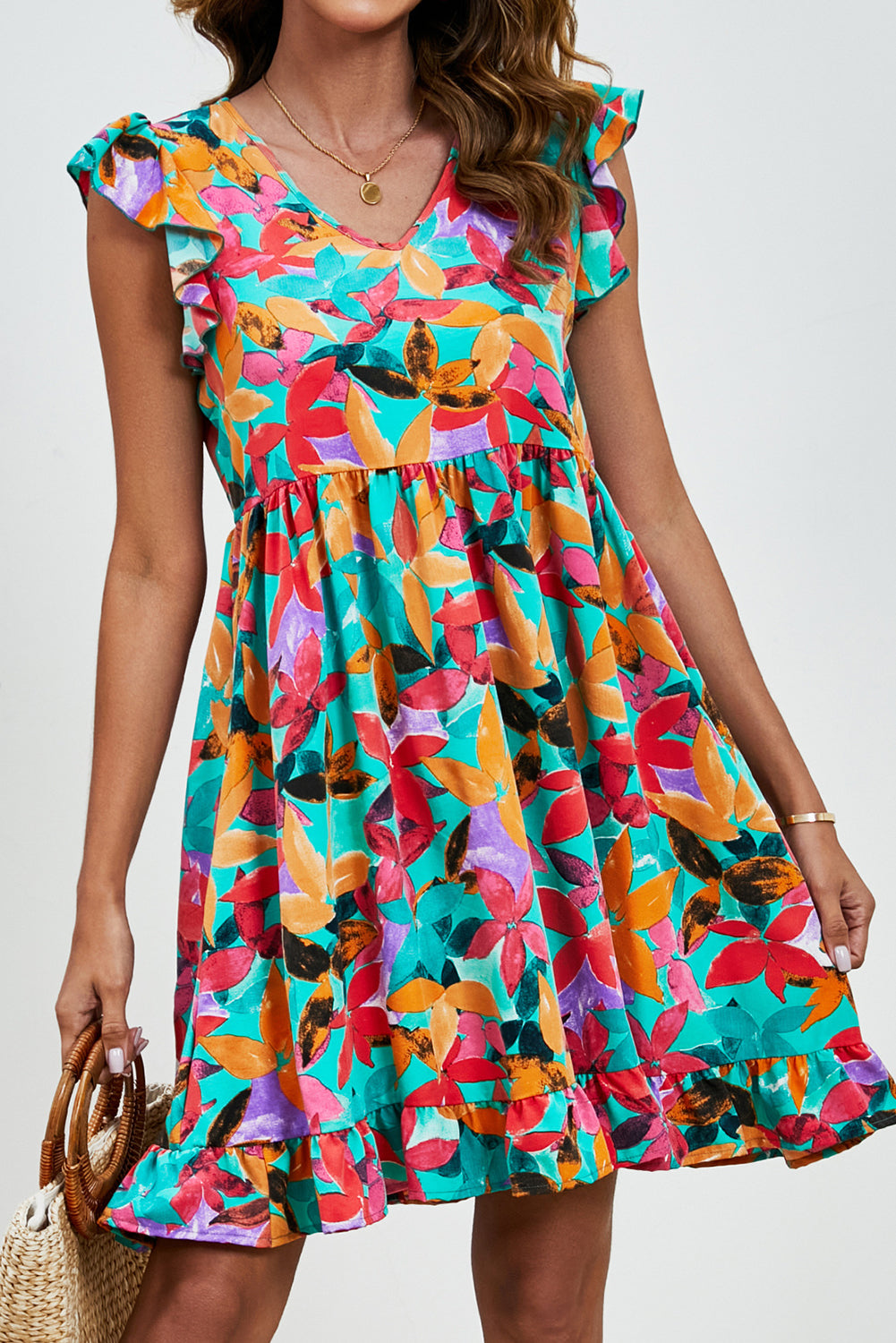 Green Leaf Print V Neck Fly Sleeve Midi Dress