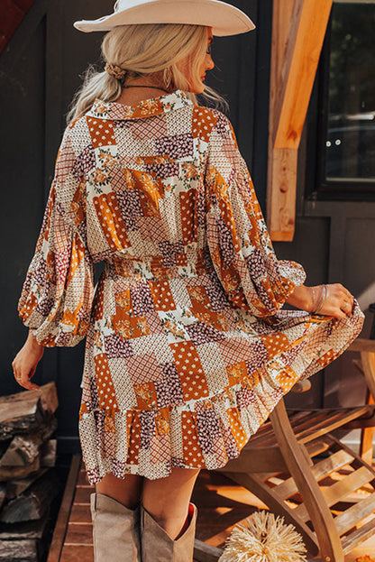 Orange Boho Floral Puff Sleeve Smocked Waist Mini Shirt Dress