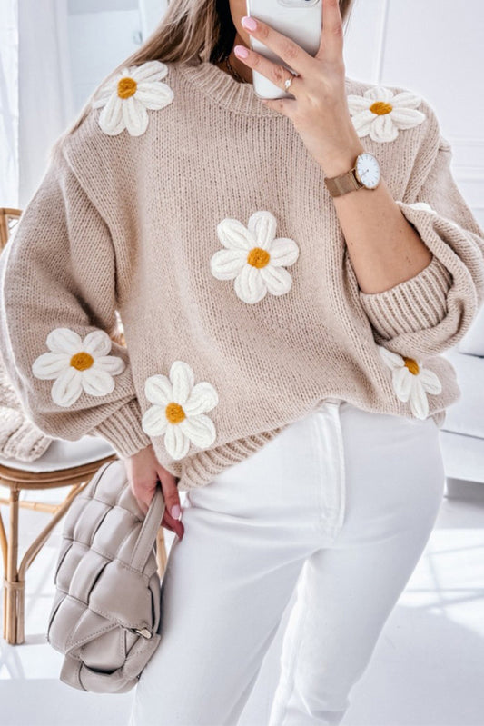 Parchment 3D Flower Drop Sleeve Loose Sweater